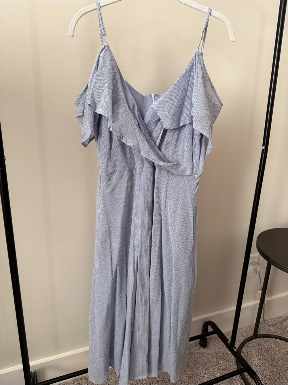 Lulu’s Light Blue Strappy off the shoulder Ruffle Midi Dress